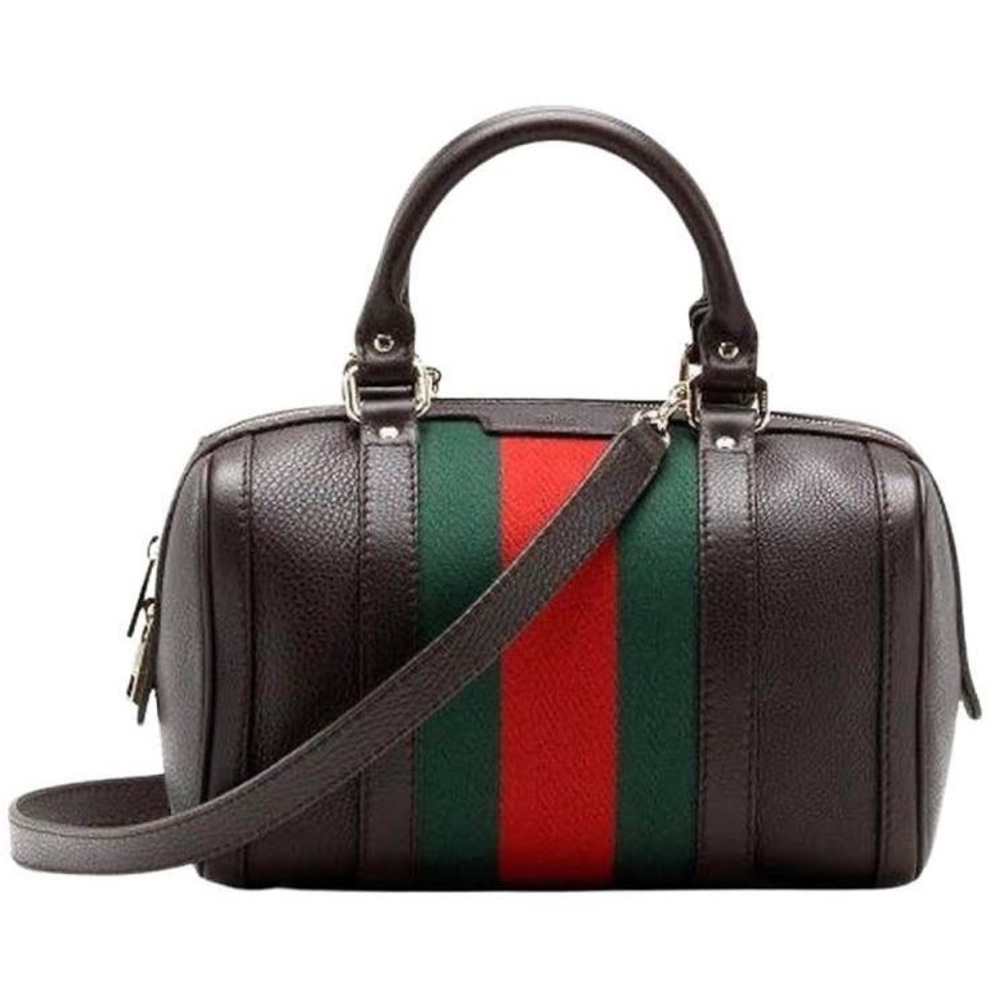 Authentic Gucci Medium Web Boston Bag - Brown